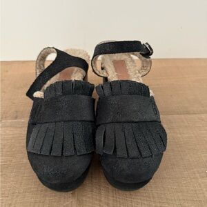 Rachel Comey Black Fringe Clogs with Sheepskin